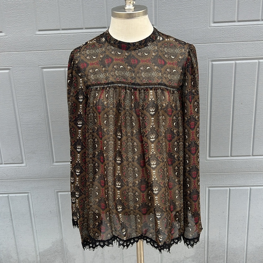 🎨Max Studio multi color sheer with lace long sleeves bohemian blouse size Large